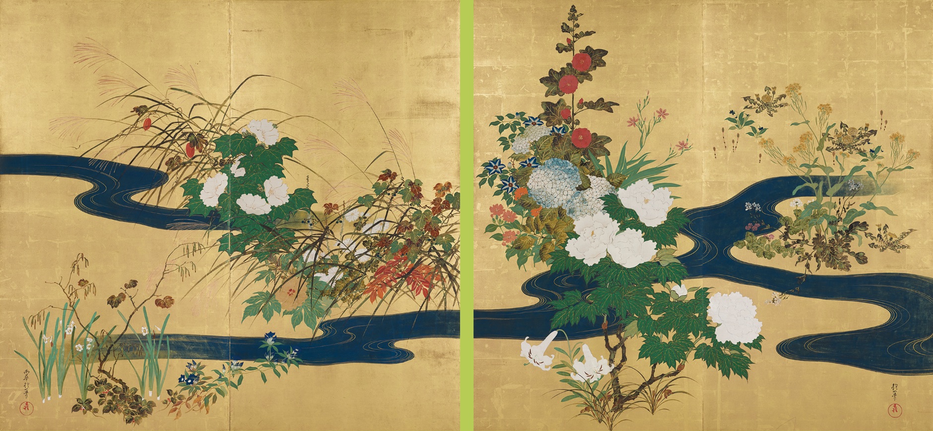 酒井抱一《流水四季草花図屏風》（東京国立博物館蔵）Image : TNM Image Archives